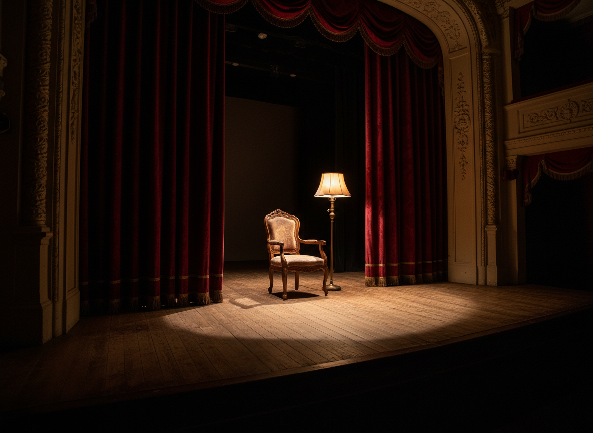 A richly textured detail of a regional theater stage set without performers: velvety crimson curtains partially open to reveal an empty wooden stage with a single ornate chair and a vintage floor lamp casting a warm pool of light on worn floorboards. In the dim background, decorative architectural elements hint at historic craftsmanship. The scene is lit by the golden glow of stage lights, creating dramatic contrasts and elongated shadows that emphasize depth. Photographic realism with a cinematic, low-angle perspective from the edge of the stage, focusing on the illuminated area while the rest gently falls into moody darkness, evoking anticipation and the quiet power of artistic expression before a performance.