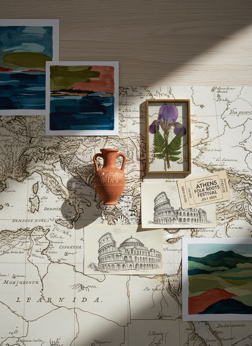 A bird’s-eye view of a curated flat lay celebrating regional cultural diversity: an antique map of a specific region as the base layer, overlaid with small objects such as a tiny clay amphora, a pressed wildflower in a glass frame, hand-drawn sketches of local landmarks, and a ticket stub from a regional music festival. Cornered art prints show abstract interpretations of local landscapes. Soft, indirect daylight from above creates even illumination, with subtle shadows giving depth to each object. Photographic realism with crisp focus across the frame, a refined, editorial composition that feels like an opening spread of a sophisticated cultural magazine, inviting exploration of stories behind each carefully placed artifact.