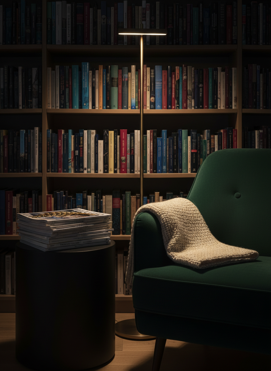 An atmospheric reading nook dedicated to regional cultural exploration: a stack of high-end art and culture magazines arranged on a low, matte-black side table beside a plush velvet armchair, with a woven wool blanket neatly folded over the armrest. On top of the magazines lies a refined brass bookmark shaped like a laurel branch. A floor-to-ceiling bookshelf in the background holds orderly rows of hardback books in muted jewel tones. Warm, focused light from a modern floor lamp creates a cozy pool of illumination, with the rest of the room fading into soft shadow. Photographic realism, composed using the rule of thirds, captured at eye level to emphasize calm sophistication and slow, thoughtful reading.