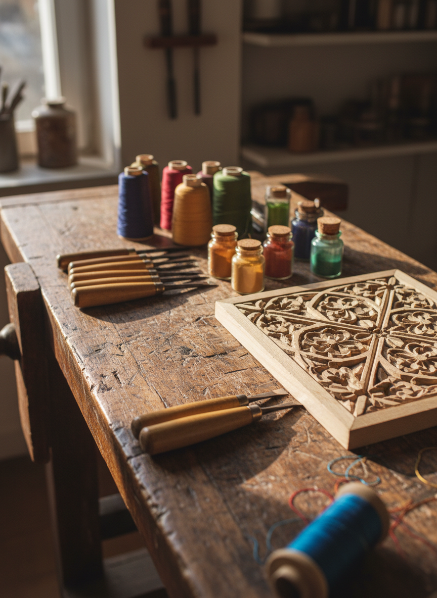 A close, intimate view of a traditional artisan’s wooden workbench, meticulously arranged with regional craft tools: finely honed chisels, spools of richly colored thread, small jars of natural pigments, and a partially completed carved wooden panel with geometric and floral motifs. The surface bears subtle scratches and patina, telling a story of long-term use. Natural late-afternoon light filters in from an unseen side window, grazing across the tools and carving, creating delicate highlights and soft shadows that bring out every groove and fiber. Photographic realism, shot at a low, side-on angle with a shallow depth of field, focusing sharply on the carved details while the background gently blurs, conveying dedication and meaningful manual artistry.