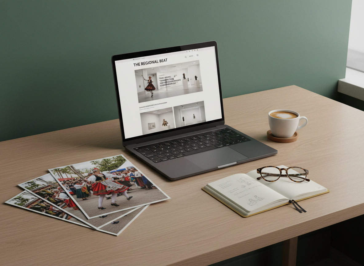 A minimalistic editor’s workspace dedicated to regional culture coverage: a sleek black laptop displaying a layout of an arts magazine homepage, surrounded by neatly stacked printed proofs featuring performances, folk festivals, and contemporary gallery interiors. A porcelain espresso cup sits on a cork coaster beside a slim, gold-edged notebook and a pair of tortoiseshell reading glasses. The desk is a light oak surface against a matte, deep-green wall. Soft, diffused morning light from the right creates an even, elegant illumination, with subtle reflections on the laptop screen. Photographic realism, shot from a slightly elevated angle, with a balanced, uncluttered composition that conveys focus, refinement, and intellectual curiosity.